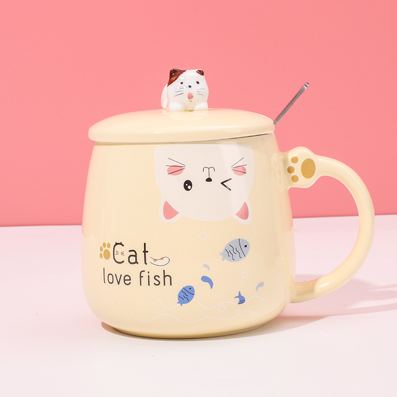 450 ml Taza De Gato De Dibujos Animados Taza De Agua De Cerámica Con Tapa Y Cuchara (Personalizado)