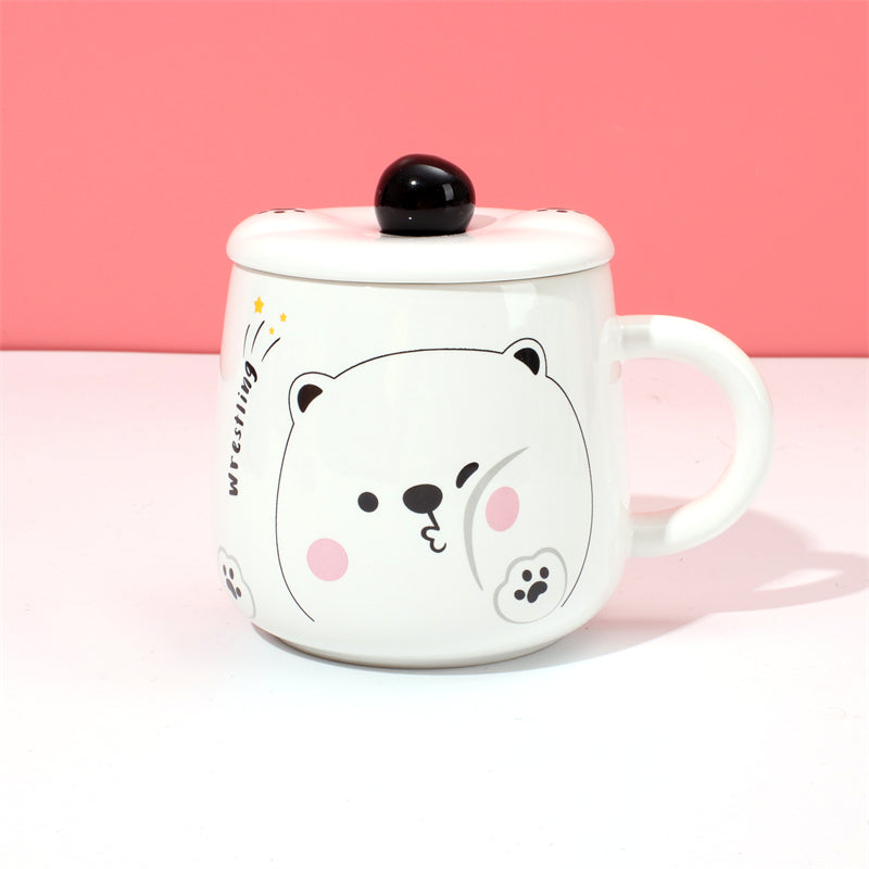 400 ml Taza De Dibujos Animados Taza De Agua De Cerámica Con Tapa Y Cuchara (Personalizado)