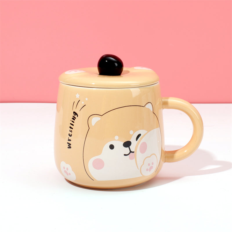 400 ml Taza De Dibujos Animados Taza De Agua De Cerámica Con Tapa Y Cuchara (Personalizado)