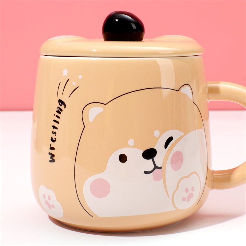 400 ml Taza De Dibujos Animados Taza De Agua De Cerámica Con Tapa Y Cuchara (Personalizado)