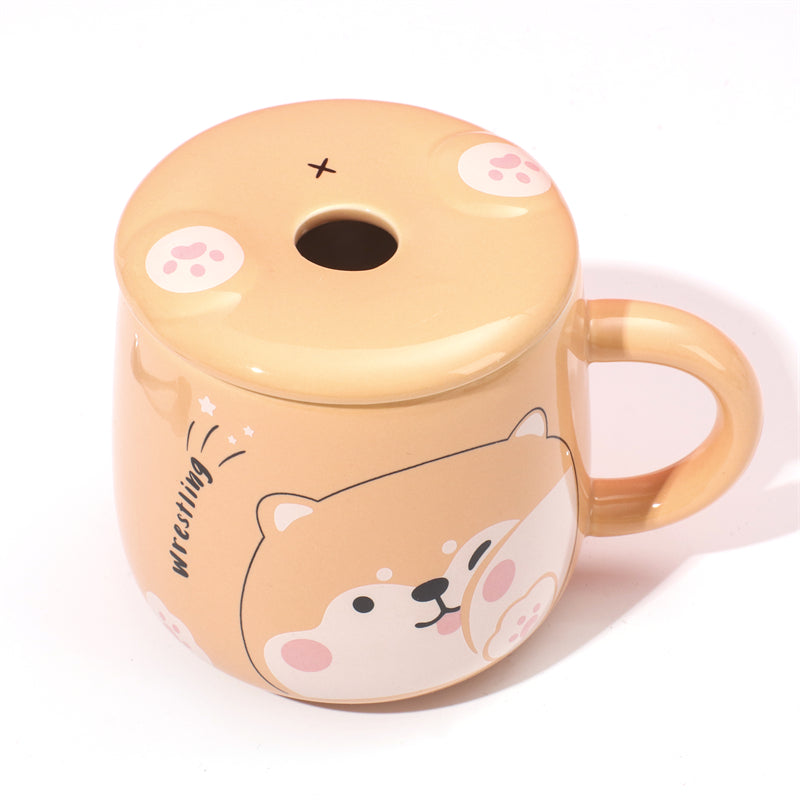 400 ml Taza De Dibujos Animados Taza De Agua De Cerámica Con Tapa Y Cuchara (Personalizado)