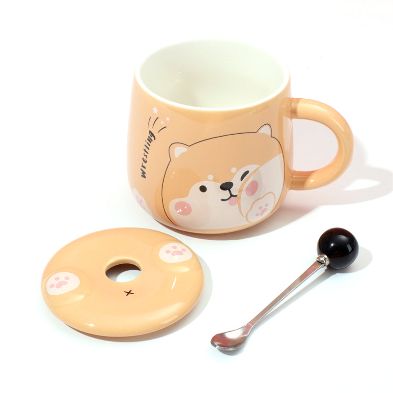 400 ml Taza De Dibujos Animados Taza De Agua De Cerámica Con Tapa Y Cuchara (Personalizado)