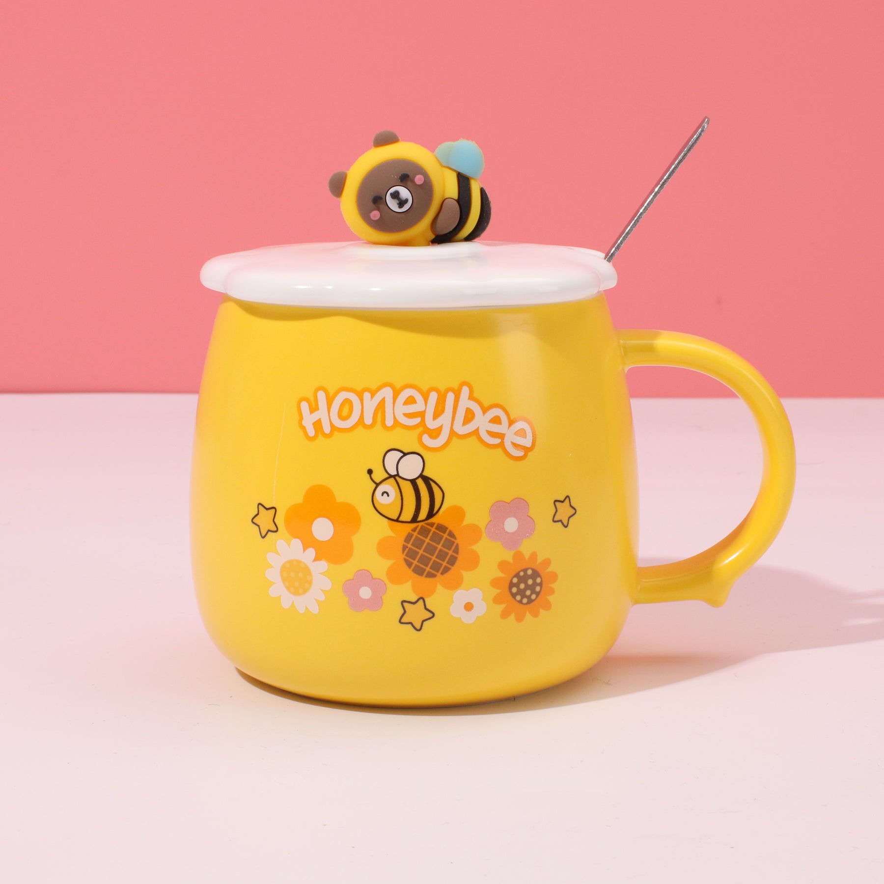 420 ml Taza De Abeja De Dibujos Animados Taza De Agua De Cerámica Con Tapa T Cuchara (Personalizado)