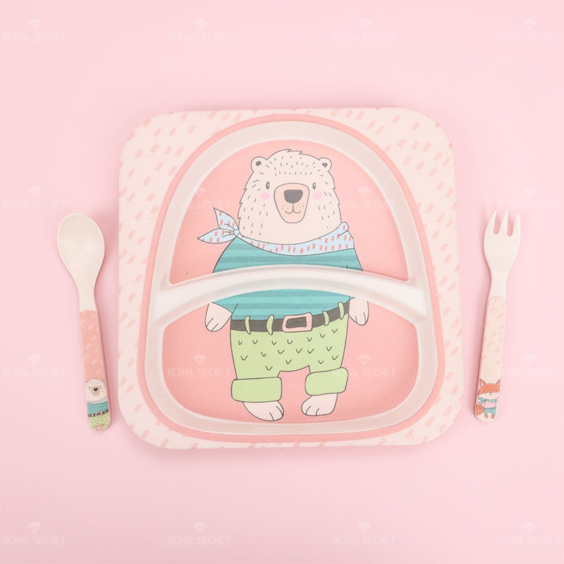 Juego De 3 Piezas Plato Llano Cuadrado De Fibra De Bambú Con Forma De Animal Con Cuchillo Y Tenedor (Personalizado)