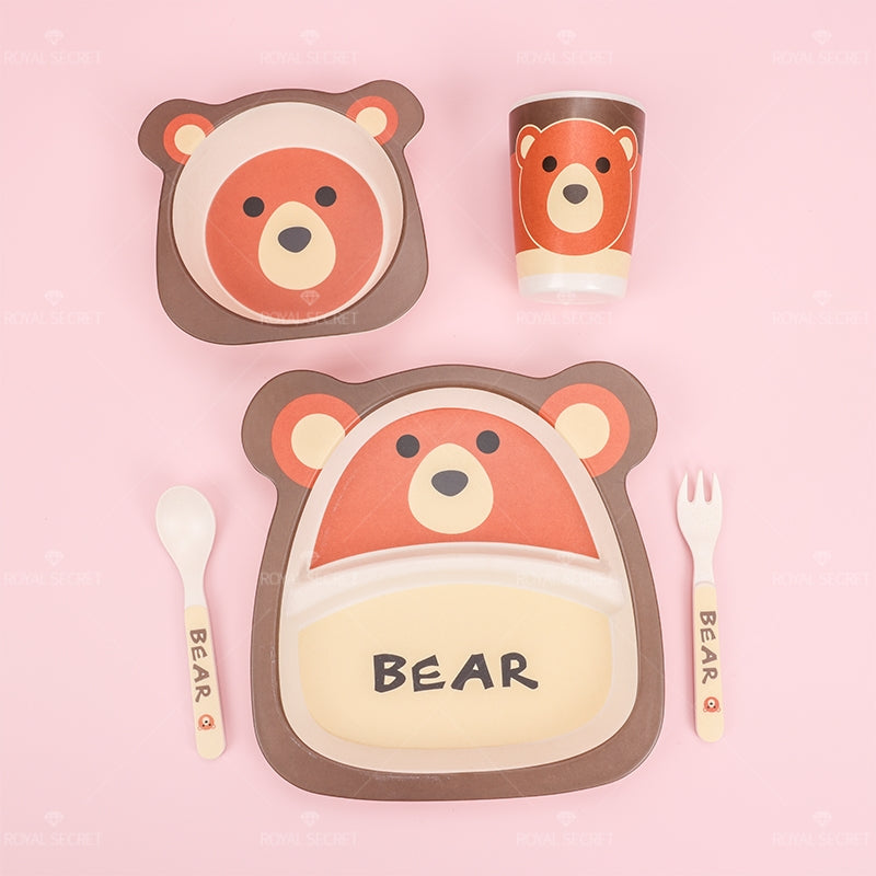 Juego De 5 Piezas Plato Llano De Fibra De Bambú Con Forma De Animal Con Cuchillo Y Tenedor (Personalizado)