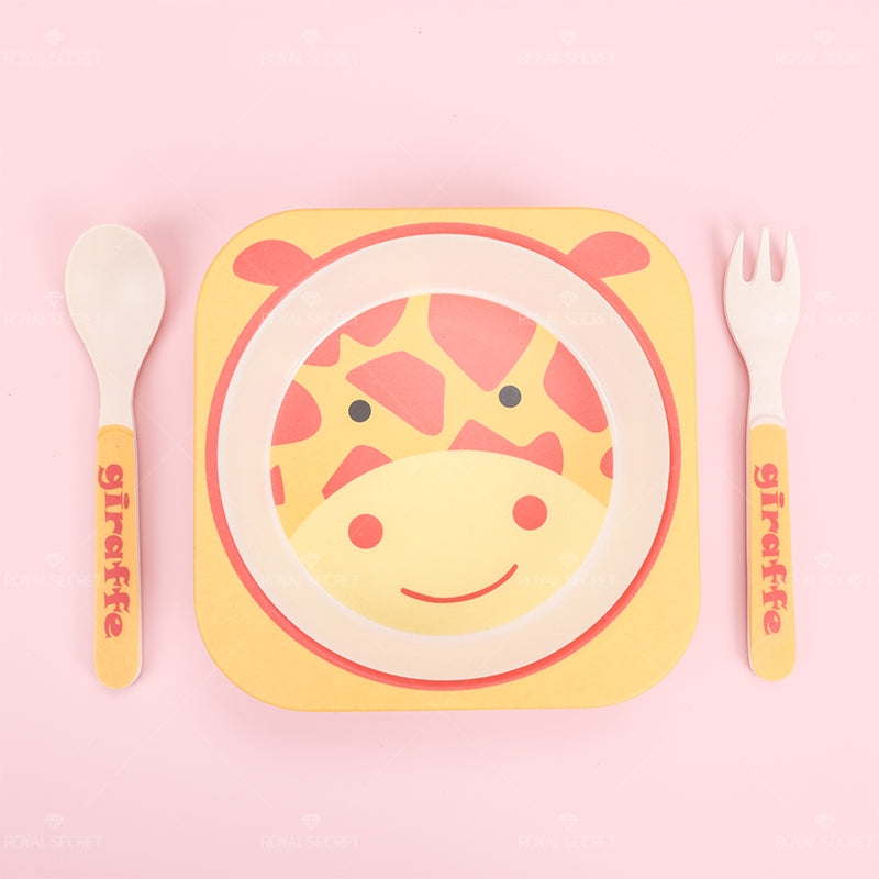 Plato Llano Cuadrado De Fibra De Bambú Con Forma De Animal Con Cuchillo Y Tenedor (Personalizado)