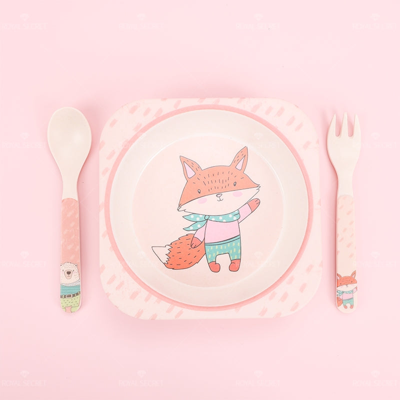 Plato Llano Cuadrado De Fibra De Bambú Con Forma De Animal Con Cuchillo Y Tenedor (Personalizado)