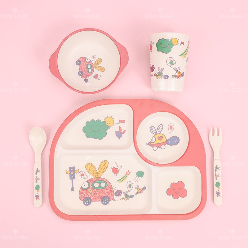 Juego De 5 Piezas Plato Llano Rectangular De Dibujos Animados De Fibra De Bambú Con Cuchillo Y Tenedor (Personalizado)
