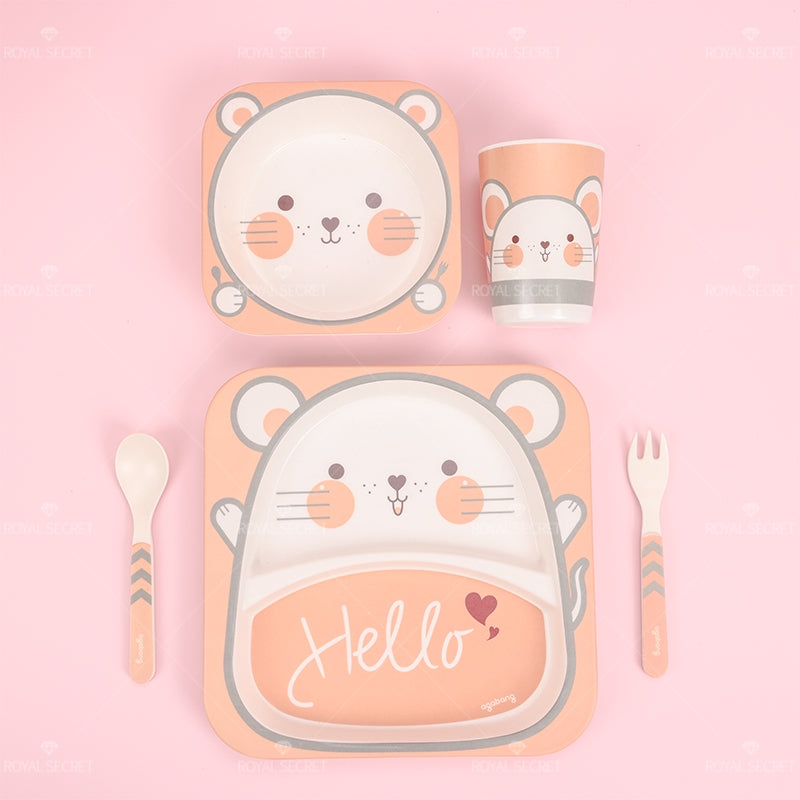 Juego De 5 Piezas Plato Llano Cuadrado De Fibra De Bambú Con Forma De Animal Con Cuchillo Y Tenedor (Personalizado)