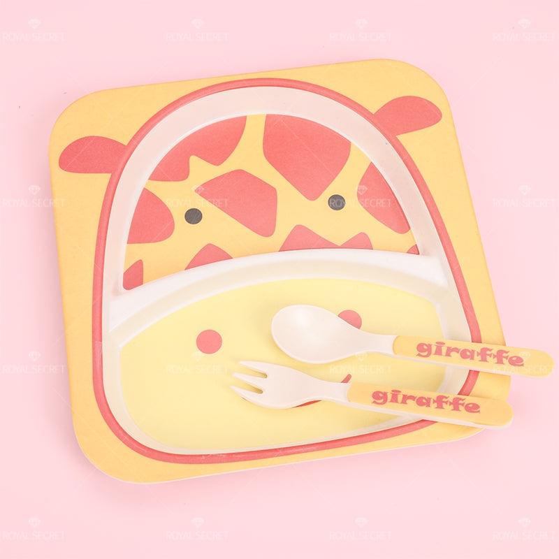Juego De 5 Piezas Plato De Cena De Animales De Dibujos Animados De Fibra De Bambú Con Cuchillo Y Tenedor (Personalizado)