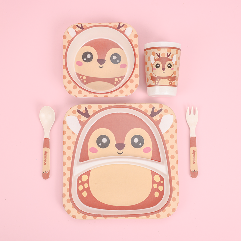 Juego De 5 Piezas Plato De Cena De Animales De Dibujos Animados De Fibra De Bambú Con Cuchillo Y Tenedor (Personalizado)