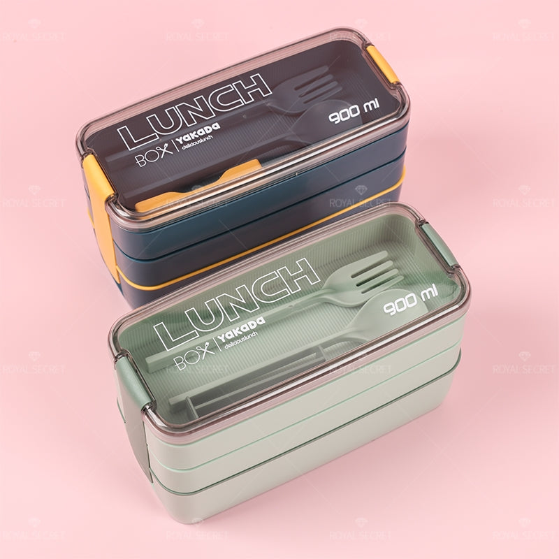 900ML Fiambrera Con Compartimento Rectangular Caja De Almuerzo Aislada Tres Pisos Lunch Box Lonchera Con Cubiertos (Personalizado)