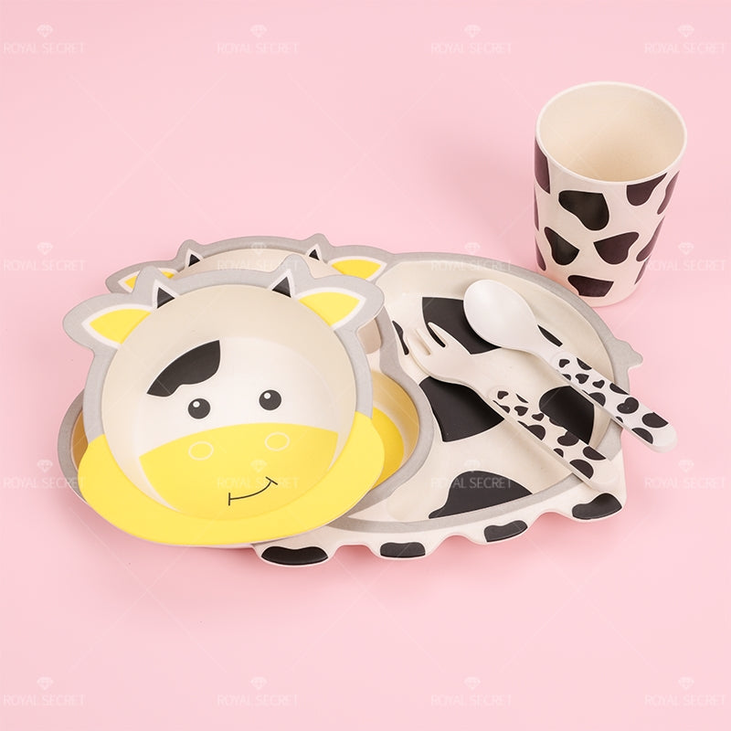Juego De 5 Piezas Plato De Cena Con Forma De Vaca De Dibujos Animados De Fibra De Bambú Con Cuchillo Y Tenedor (Personalizado)
