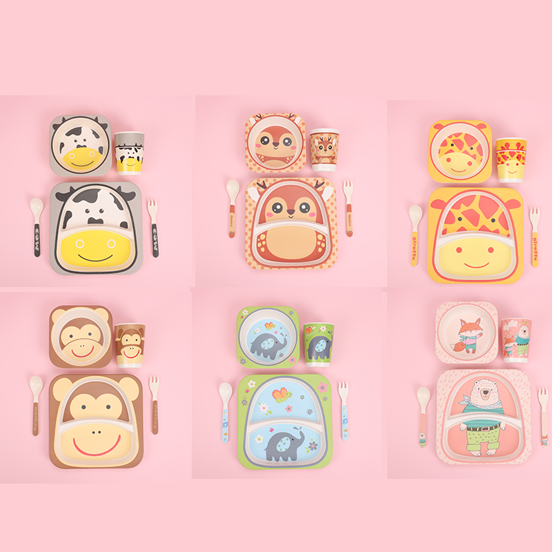 Juego De 5 Piezas Plato De Cena De Animales De Dibujos Animados De Fibra De Bambú Con Cuchillo Y Tenedor (Personalizado)