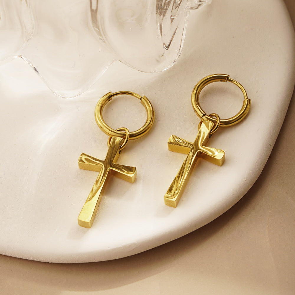 Aretes minimalistas con cruz lisa – joyería moderna de acero inoxidable