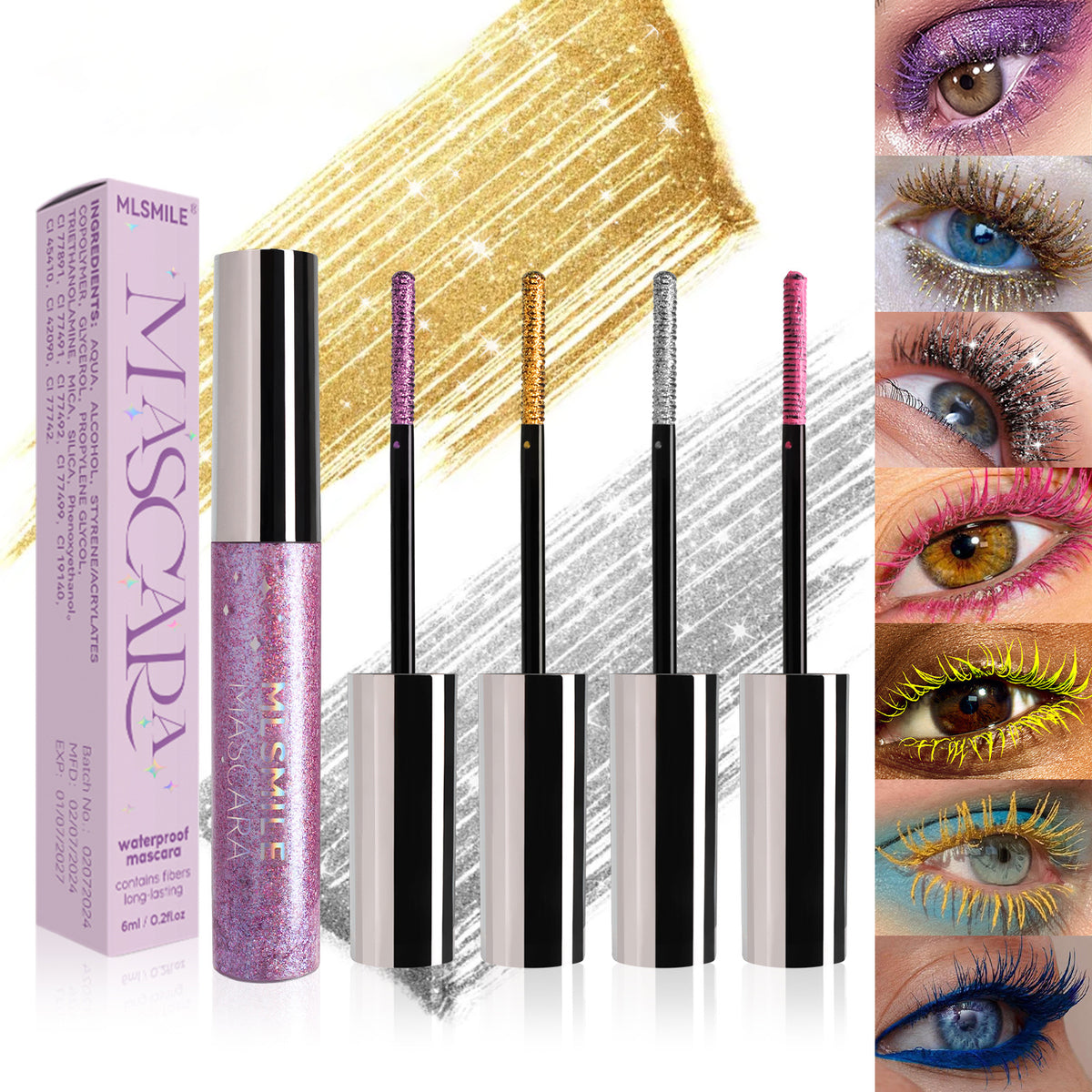 Rímel de colores Holybook con glitter perlado – máscara de pestañas waterproof en 7 tonos vibrantes