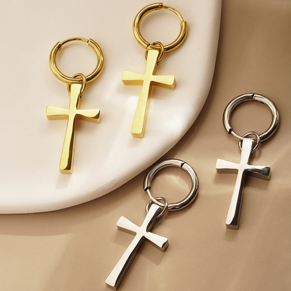 Aretes de cruz colgante para mujer – acero inoxidable brillante Holybook