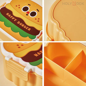 800ML Fiambrera De 3 Compartimentos Kids Burger con Tenedor y Cuchara (Personalizado)