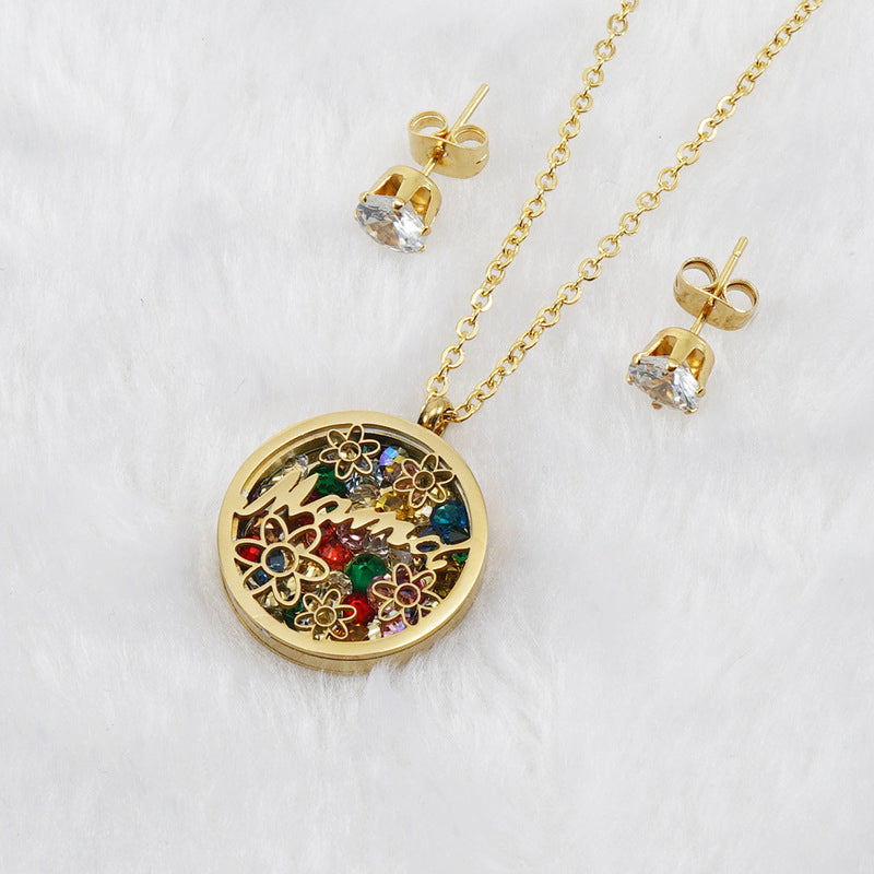 Collar de acero inoxidable color oro con colgante circular y aretes a juego – accesorios de moda mujer