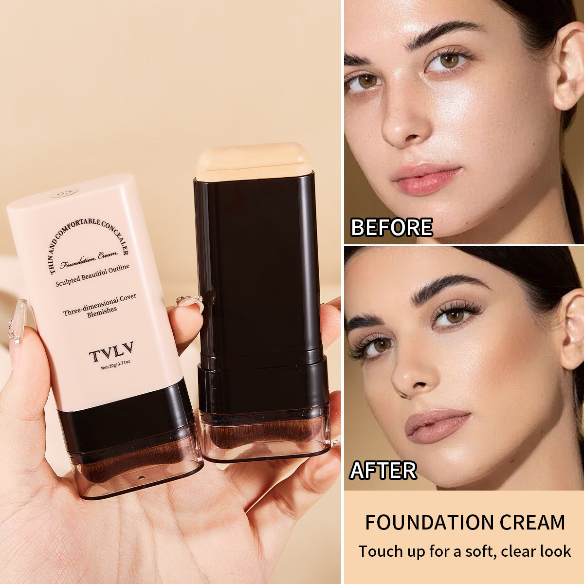 Base en barra con brocha – Corrector y maquillaje 2 en 1 – Larga duración, resistente al agua – 5 tonos （Mayoreo）