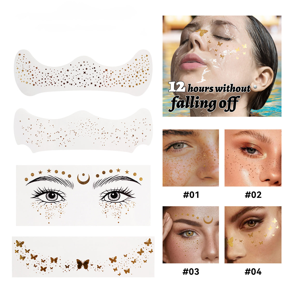 Stickers de Pecas Doradas – 11 diseños de tatuajes temporales brillantes para rostro y cuerpo（Mayoreo）