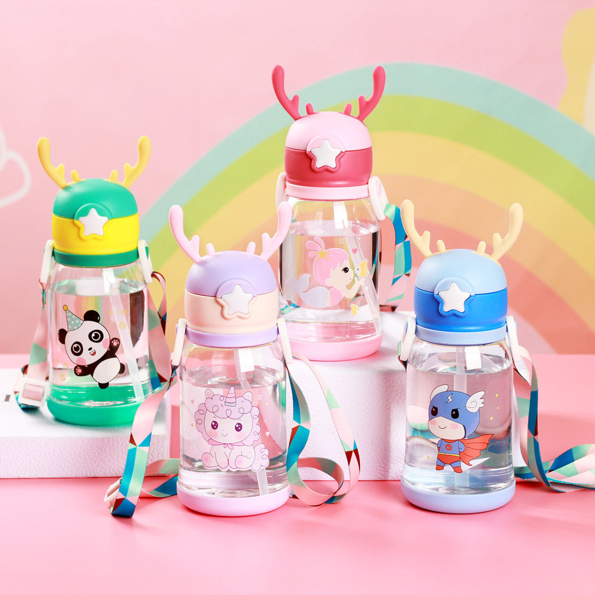 600ML Vaso de Plástico Con Popote Para Niños, Con Diseño de Cuernos y Dibujos Animados(Envío Inmediato)
