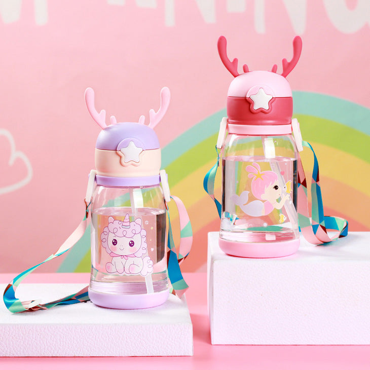 600ML Vaso de Plástico Con Popote Para Niños, Con Diseño de Cuernos y Dibujos Animados(Envío Inmediato)