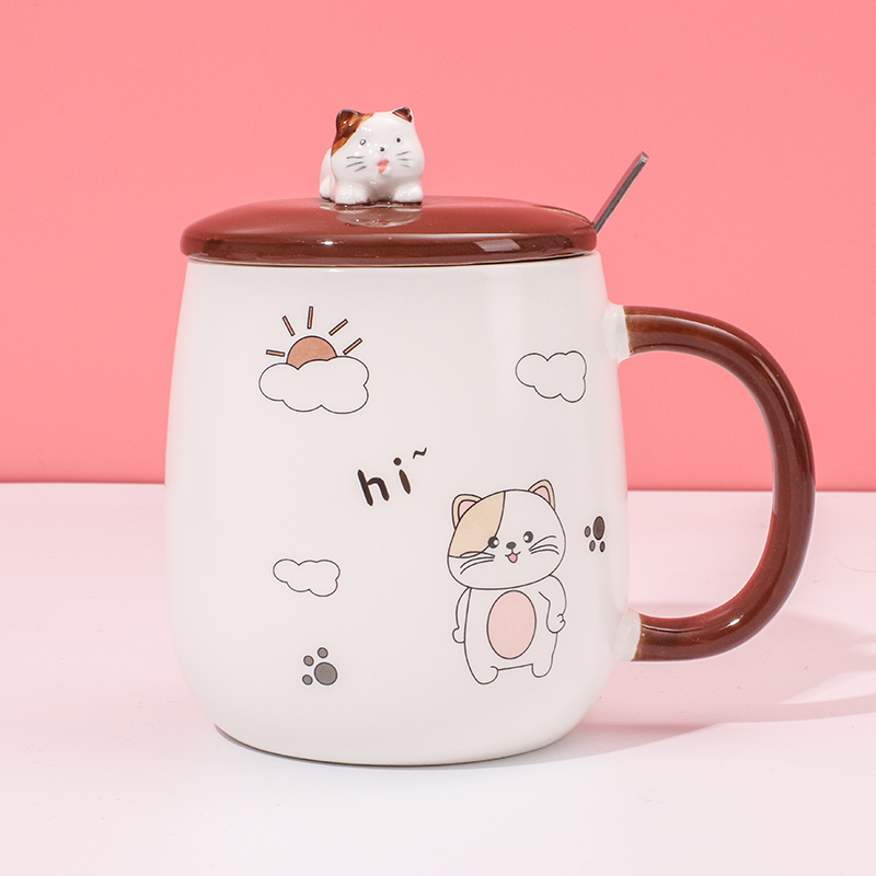 450 ml  Taza De Gato Taza De Agua De Cerámica Con Tapa Y Cuchara (Personalizado)