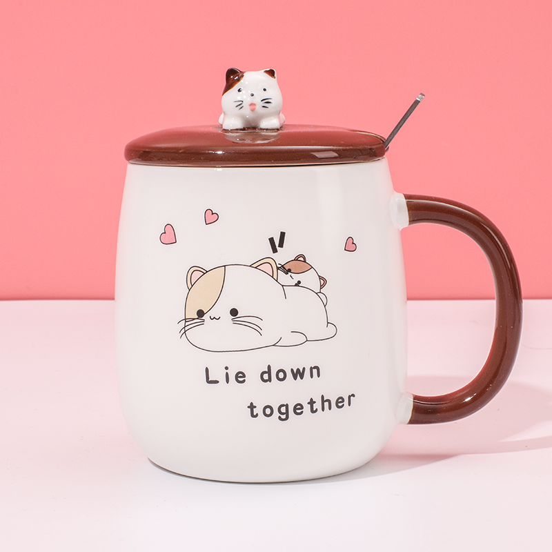 450 ml  Taza De Gato Taza De Agua De Cerámica Con Tapa Y Cuchara (Personalizado)