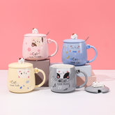 450 ml  Taza De Gato De Dibujos Animados Taza De Agua De Cerámica Con Tapa Y Cuchara (Personalizado)