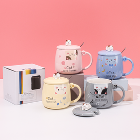450 ml  Taza De Gato De Dibujos Animados Taza De Agua De Cerámica Con Tapa Y Cuchara (Personalizado)