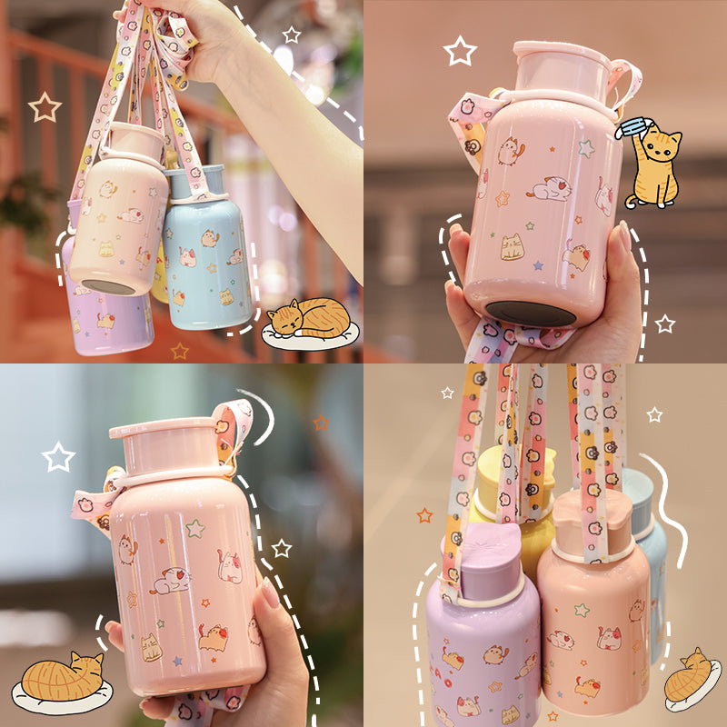220ML Taza de agua aislada con correa cruzada de acero inoxidable 304 con dise?o de gato lindo de dibujos animados(Personalización) - HOLY BOOK