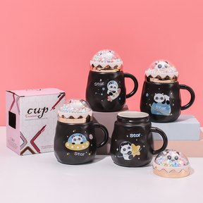 450 ml  Taza De Panda De Dibujos Animados Taza De Agua De Cerámica Con Tapa Y Cuchara (Personalizado)