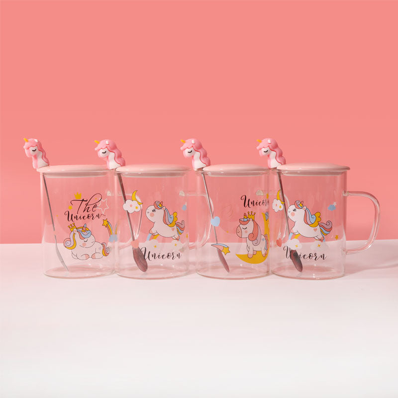 450ml Vaso de agua de vidrio con forma de unicornio con tapa y cuchara (60 Pieces) - HOLY BOOK