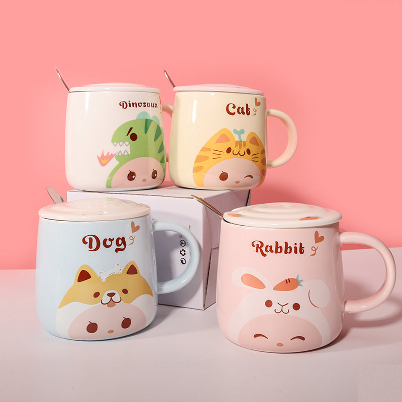460 ml Taza de animales de dibujos animados Taza de agua de cerámica con tapa y cuchara (60 Pieces) - HOLY BOOK