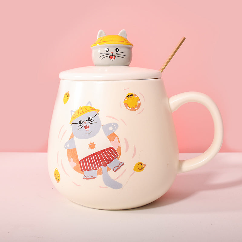 450 ml Taza de gato de dibujos animados Taza de agua de cerámica con tapa y cuchara (60 Pieces) - HOLY BOOK
