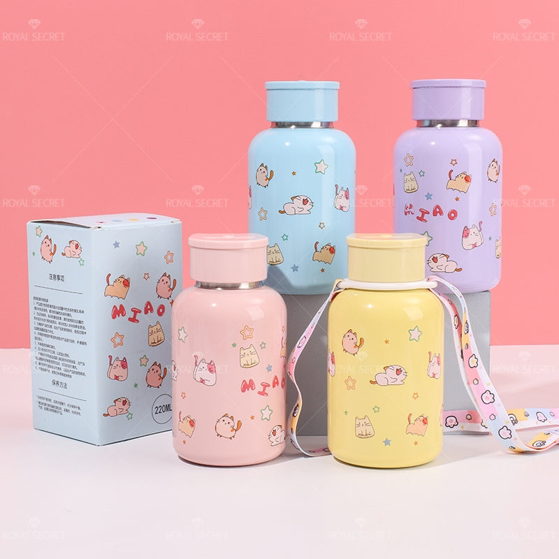 220ML Taza de agua aislada con correa cruzada de acero inoxidable 304 con dise?o de gato lindo de dibujos animados(Personalización) - HOLY BOOK