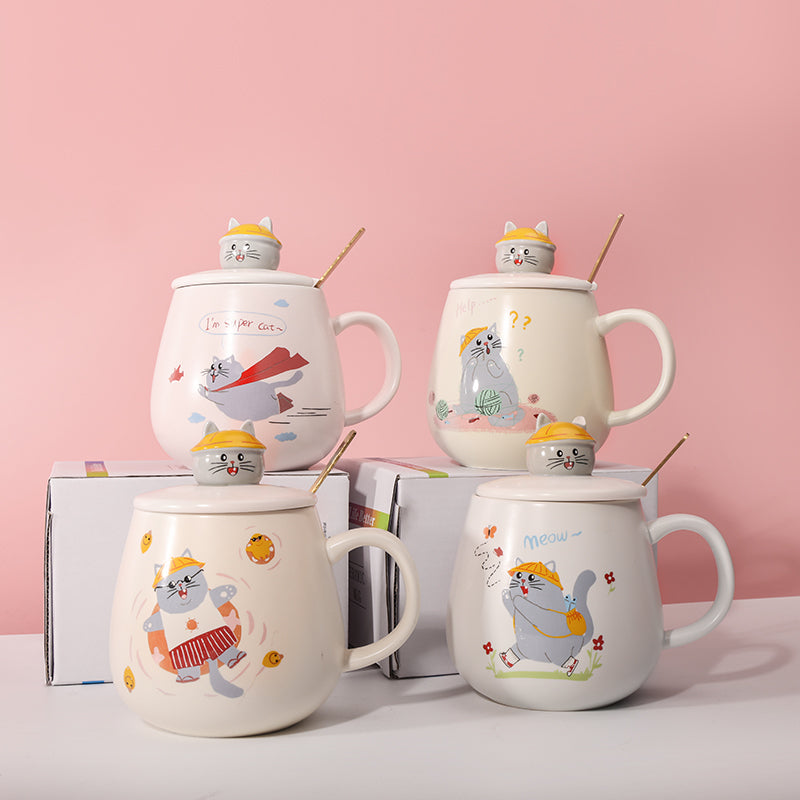 450 ml Taza de gato de dibujos animados Taza de agua de cerámica con tapa y cuchara (60 Pieces) - HOLY BOOK