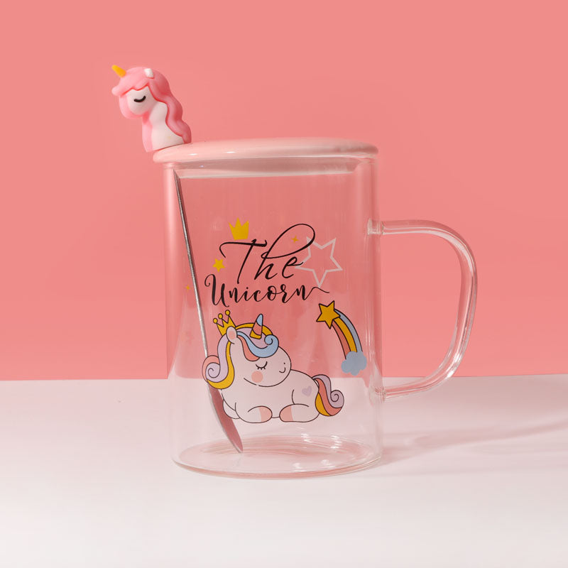 450ml Vaso de agua de vidrio con forma de unicornio con tapa y cuchara (60 Pieces) - HOLY BOOK