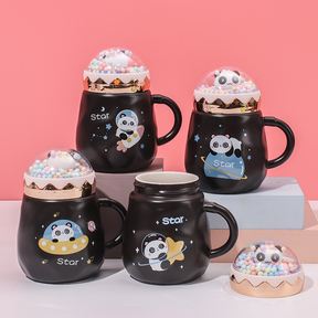 450 ml  Taza De Panda De Dibujos Animados Taza De Agua De Cerámica Con Tapa Y Cuchara (Personalizado)