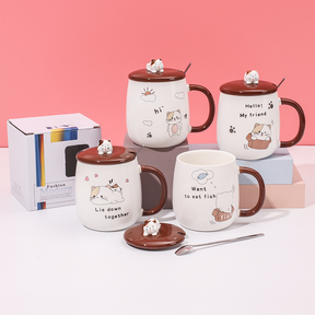 450 ml  Taza De Gato Taza De Agua De Cerámica Con Tapa Y Cuchara (Personalizado)