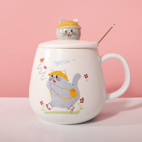450 ml Taza de gato de dibujos animados Taza de agua de cerámica con tapa y cuchara (60 Pieces) - HOLY BOOK