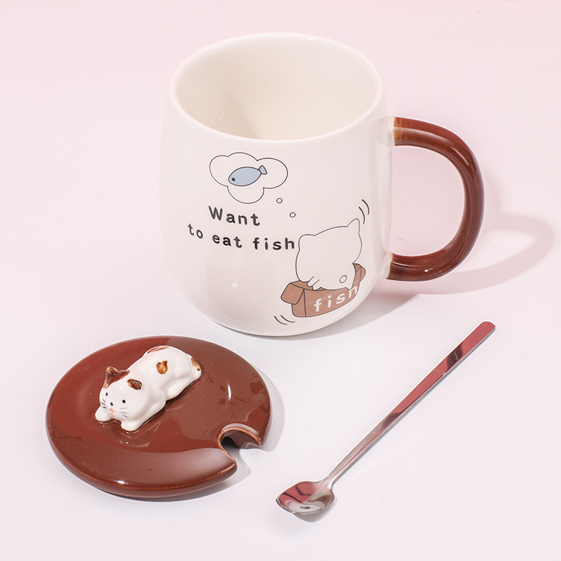 450 ml  Taza De Gato Taza De Agua De Cerámica Con Tapa Y Cuchara (Personalizado)