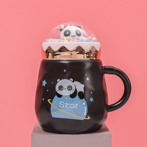 450 ml  Taza De Panda De Dibujos Animados Taza De Agua De Cerámica Con Tapa Y Cuchara (Personalizado)