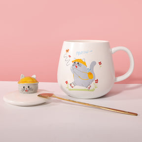 450 ml Taza de gato de dibujos animados Taza de agua de cerámica con tapa y cuchara (60 Pieces) - HOLY BOOK