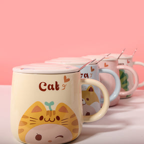 460 ml Taza de animales de dibujos animados Taza de agua de cerámica con tapa y cuchara (60 Pieces) - HOLY BOOK