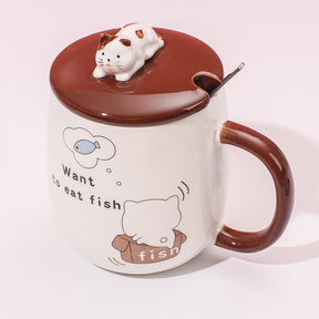 450 ml  Taza De Gato Taza De Agua De Cerámica Con Tapa Y Cuchara (Personalizado)