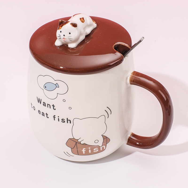 450 ml  Taza De Gato Taza De Agua De Cerámica Con Tapa Y Cuchara (Personalizado)