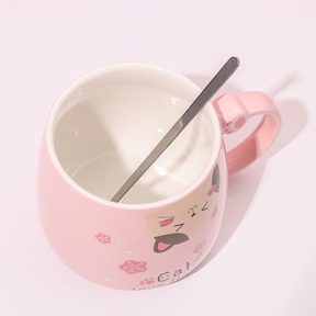 450 ml  Taza De Gato De Dibujos Animados Taza De Agua De Cerámica Con Tapa Y Cuchara (Personalizado)