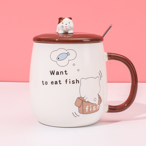 450 ml  Taza De Gato Taza De Agua De Cerámica Con Tapa Y Cuchara (Personalizado)